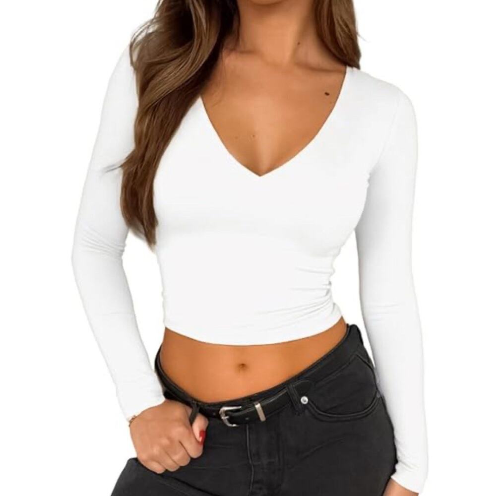 Verdusa Long-Sleeve V-neck Crop Top Women’s Size Small White